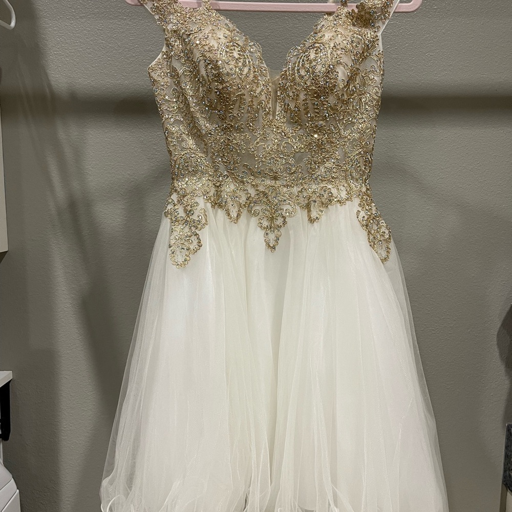 May Queen Gold and Cream Satin Gown